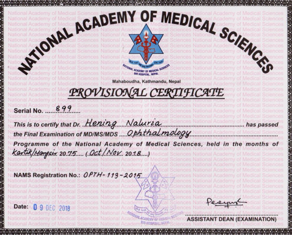 Provisional Certificate - Dr Hening Naluria